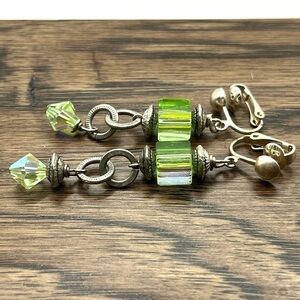 Vintage Clip on Earrings Green Iridescent in the light!! Beautiful colorful